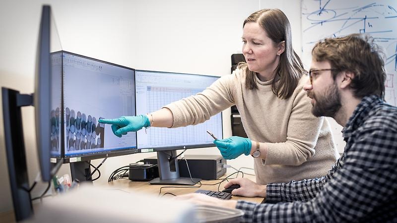 Två personer står vid dataskärmar med ett CAD-program för ingenjörer och kollar på skisser över en konstruktion. Den ena personen pekar på skärmen, de pratar med varandra.