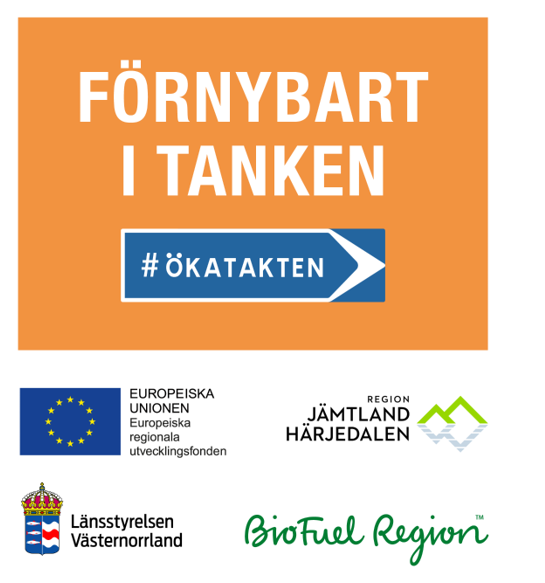 Logotyperna för projektet Förnybart i tanken, Europeiska regionala utvecklingsfonden, Region Jämtland Härjedalen, Länsstyrelsen Västernorrland och Biofuel Region. 