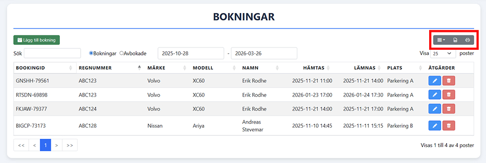 Skärmbild på listan som visar dina bokningar i Fleet360.