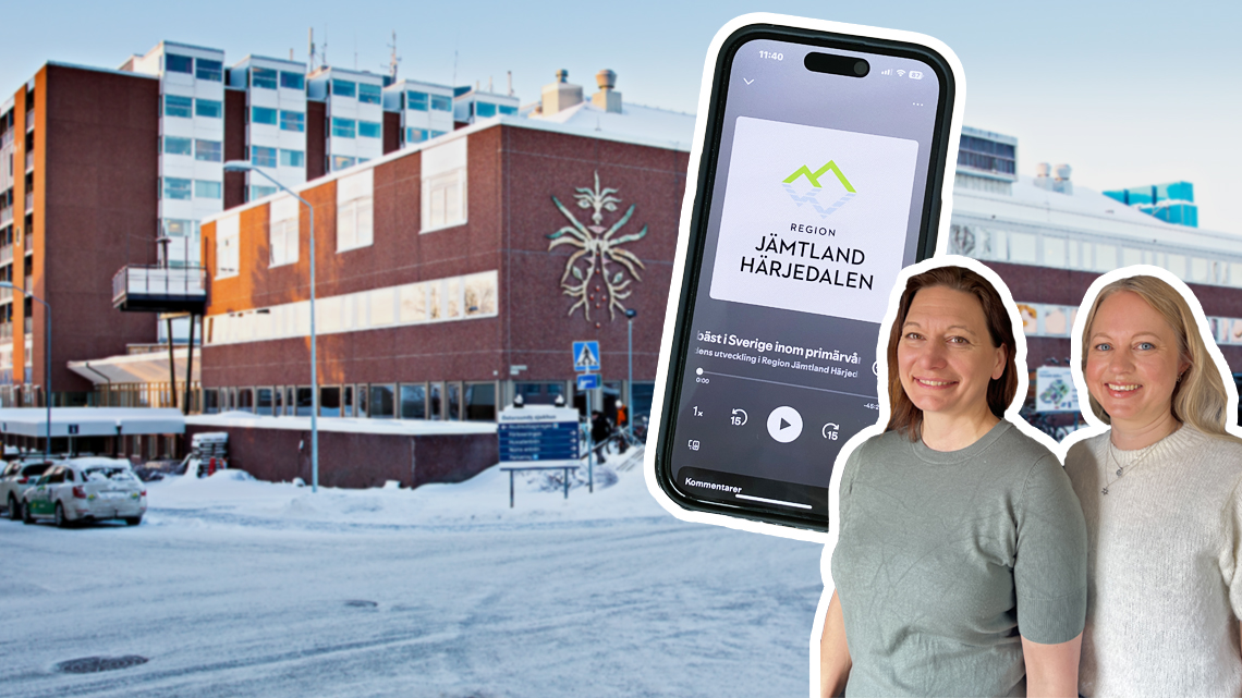 Montage med en smartphone som visar Spotify och podden "Vårdens utveckling i Region Jämtland Härjedalen", samt porträtt på programledarna tillika hälso- och sjukvårdsdirektör Anna Granevärn och verksamhetsutvecklare Anna Sjövall. I bakgrunden syns Östersunds sjukhus i solig vintermiljö.
