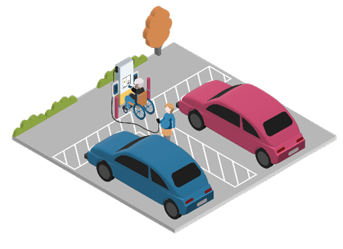 Illustration tillgänglig laddplats med person i rullstol och gravid kvinna