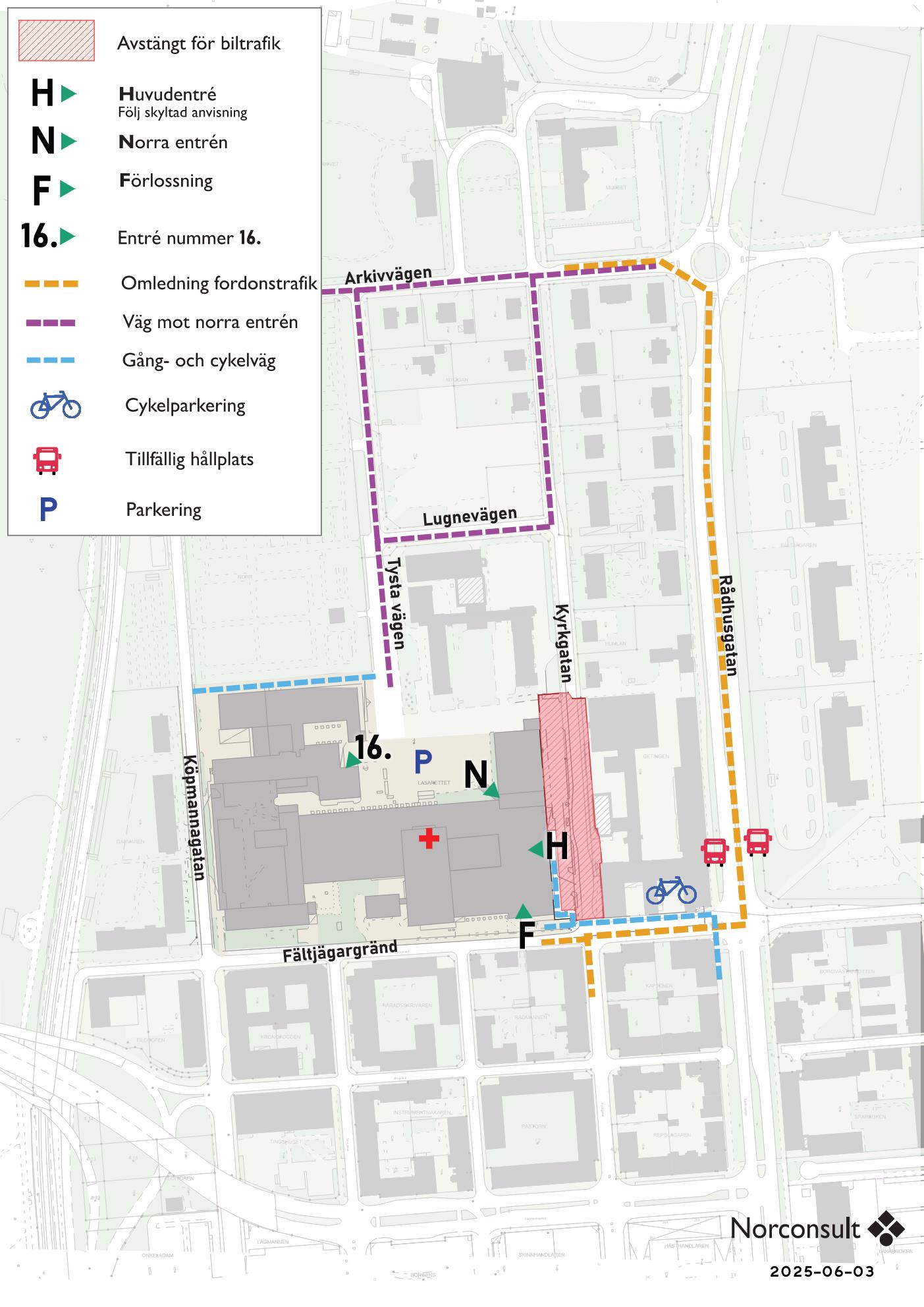 En kartskiss som visar hur trafiken kommer att ledas om under tiden då ombyggnationerna pågår. Östersunds kommun stänger av från korsningen Kyrkgatan-Fältjägargränd fram till korsningen Kyrkgatan-Lungevägen för allmän trafik under hela byggperioden. Vägen är öppen för gång- och cykeltrafik.