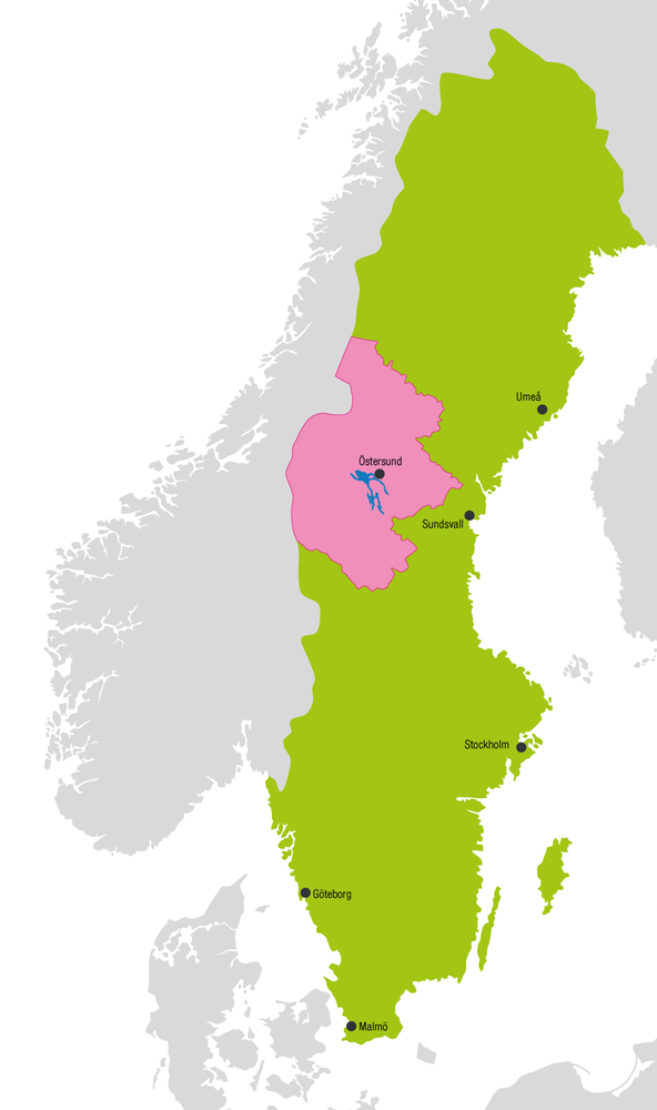 Sverigekarta med Jämtland Härjedalen utmarkerat