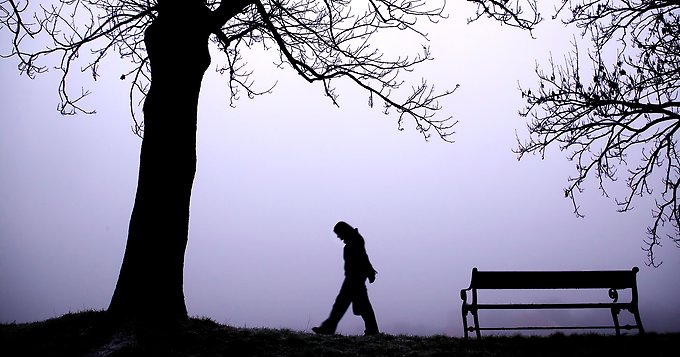 silhuetten av en person som går och tittar ner i marken, av ett träd och en bänk i dimma