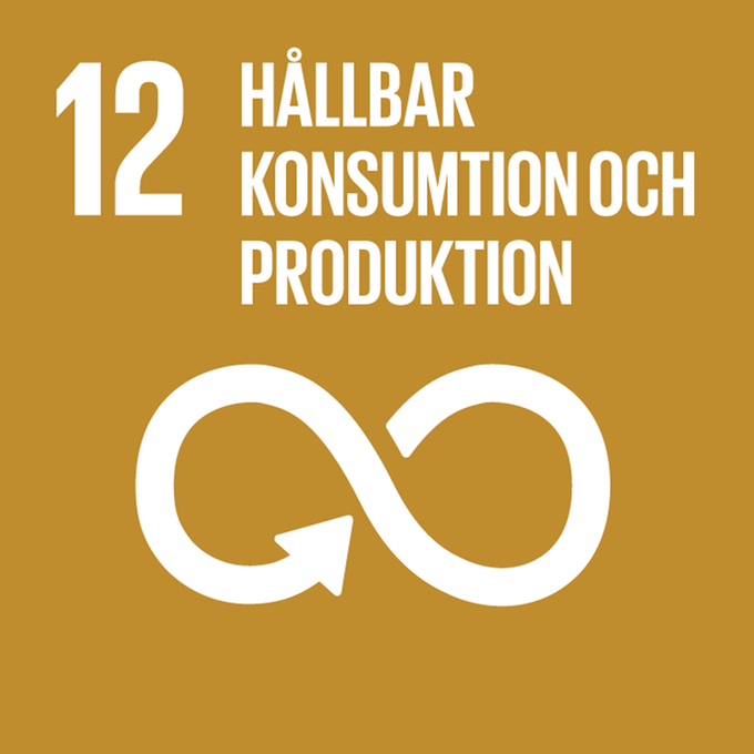 Bild på ikon för Mål 12 Hållbar konsumtion och produktion. Bilden visar ett evighetstecken med en pil mot tecknets mitten.