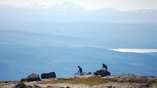 Två personer cyklar i fjällmiljö.