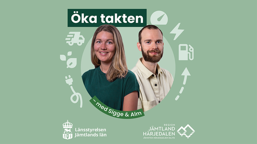 Omslagsbild för podden Öka Takten, med två leende programledare och logotyper för poddens finansiärer Länsstyrelsen Jämtlands län och Region Jämtland Härjedalen. Runt om programledarna syns energirelaterade symboler som laddsladd och tankstation.