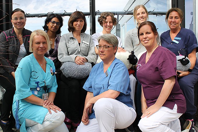 En grupp sjukvårdspersonal tillsammans på en stor balkong