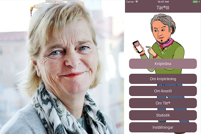 kollage med ett porträtt på Eva Samuelsson och en skärmbild från appen föreställande en tecknad man som tittar i en mobiltelefon