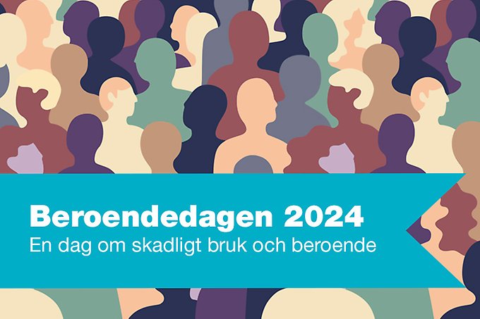 Tecknade personer. Framför dem syns en blå vimpel. På den står det "Beroendedagen 2024. En dag om skadligt bruk och beroende."