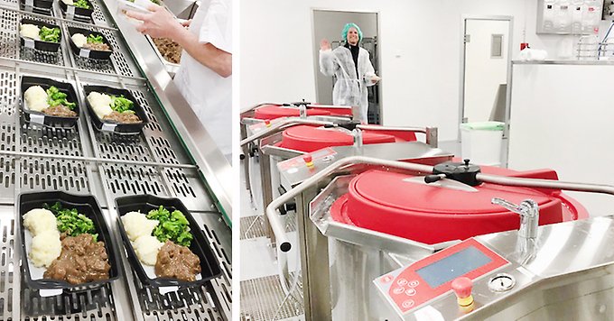 kollage med en bild med matlådor på ett löpande band och en bild med stora köksmaskiner bakom vilka det står en kvinna i vit rock och grönt hårnät och vinkar